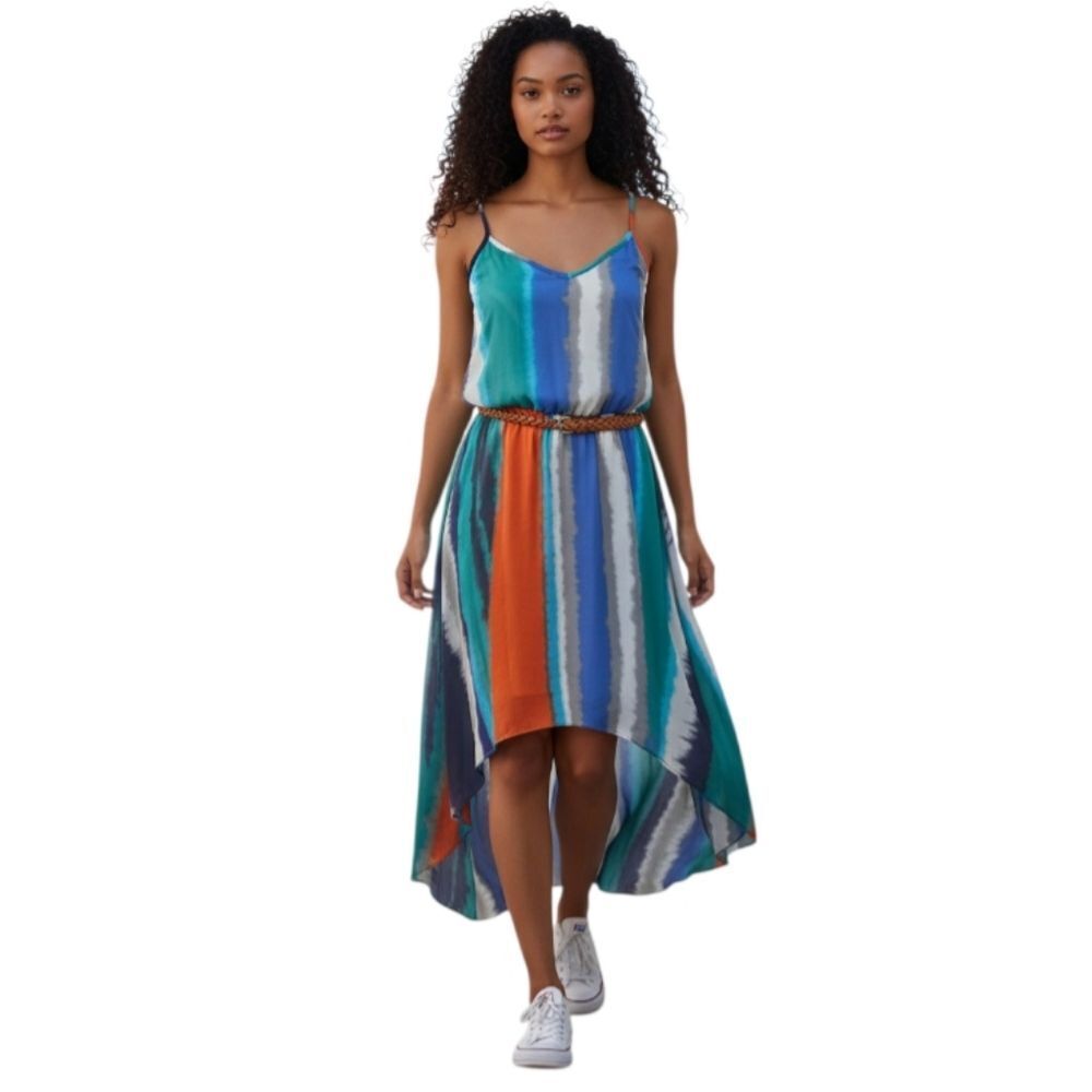 GUESS HI-LO BLUE, ORANGE, & WHITE STRIPE DRESS SZ.S EUC